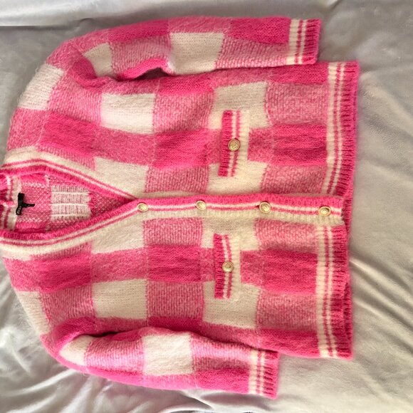 Maje My Squared Checkered Jacquard Cardigan, Size M, Hot Pink Mohair Oversized - Picture 4 of 8